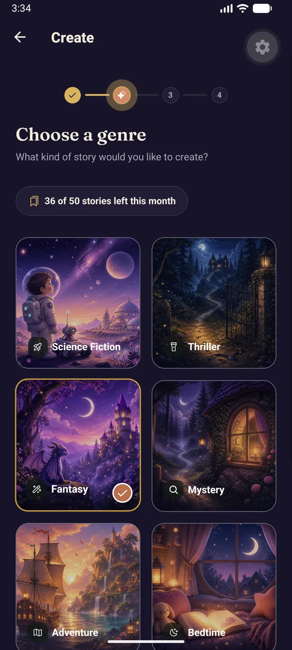 Choosing a genre in Tellumia: Science Fiction, Thriller, Fantasy, Mystery, Adventure and Bedtime