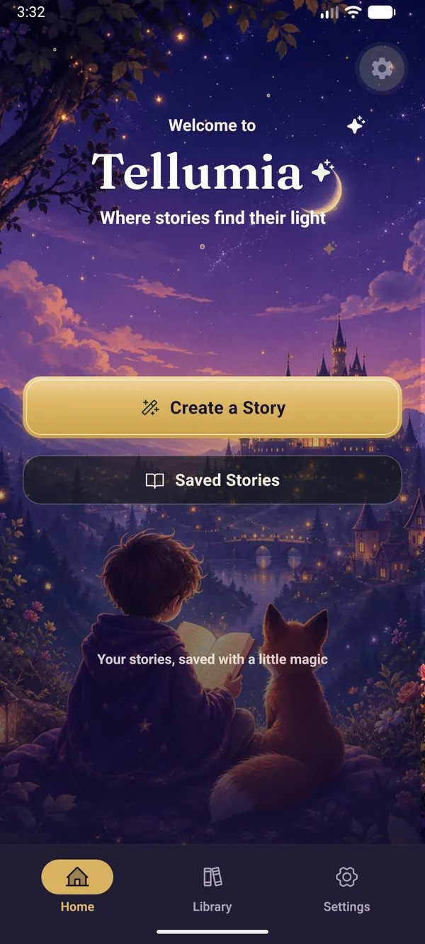 Tellumia home screen with Create a Story and Saved Stories over a moonlit storybook scene